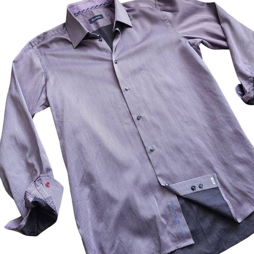 Robert Graham Shirt Mens Large 42, 16.5 Button Front Striped Cuff Print Luxury C